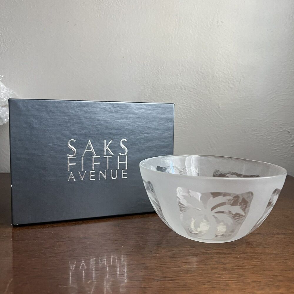 Saks Fifth Avenue Crystal Candy Dish Bowl Palm Tree Design 5.5" dia 2.75" tall